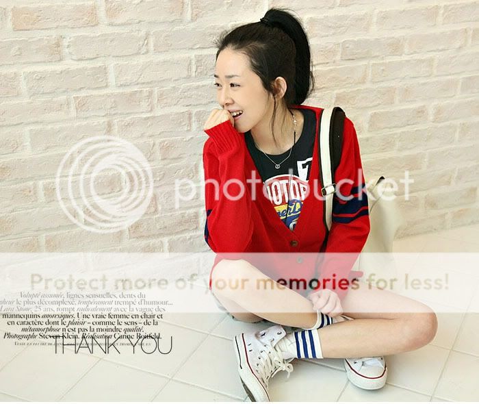 Red Stripe Single Breast Long Sleeve V Neck Korea Fashion Knit Coat 