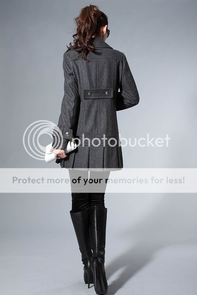 NEW LADY WINTER PLEATED DOUBLE BREASTED LONG WOOL COAT  