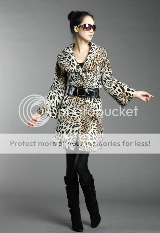 Fashion Leopard Lapel Roll Flare Slee Trench Coat +Belt  