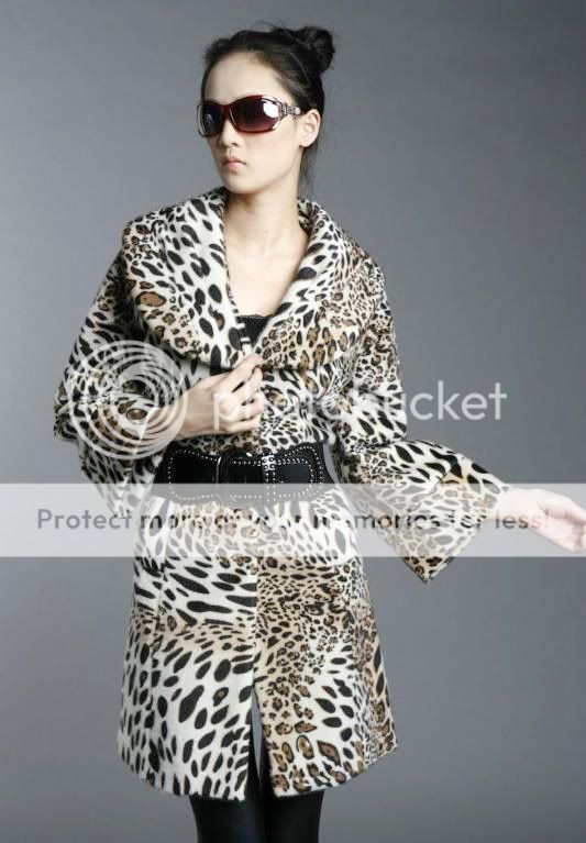 Fashion Leopard Lapel Roll Flare Slee Trench Coat +Belt  