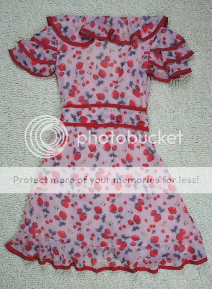 NEW Elegant Flouncing Printing Strawberry Silk Dress S M L 　